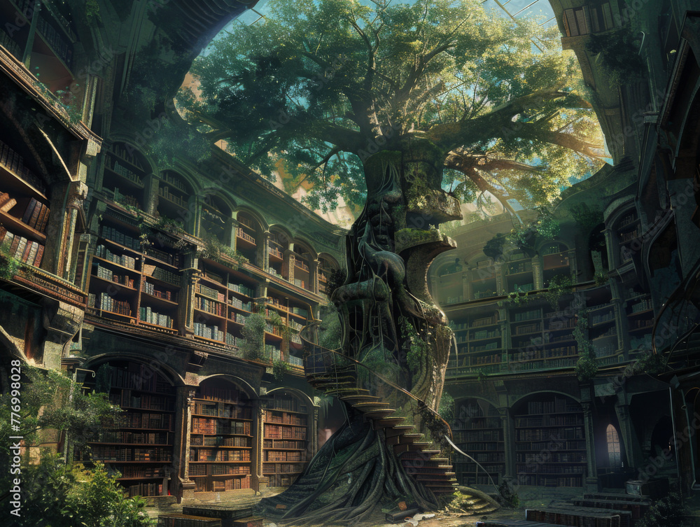 A fantasy library with bookshelves made of trees and roots, with an old tree in the center