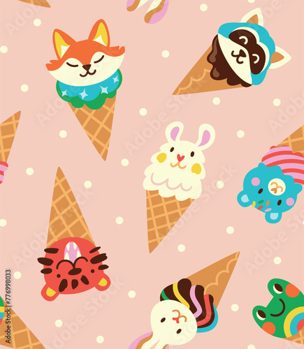Seamless pattern with cute cartoon faces animals in waffle cones