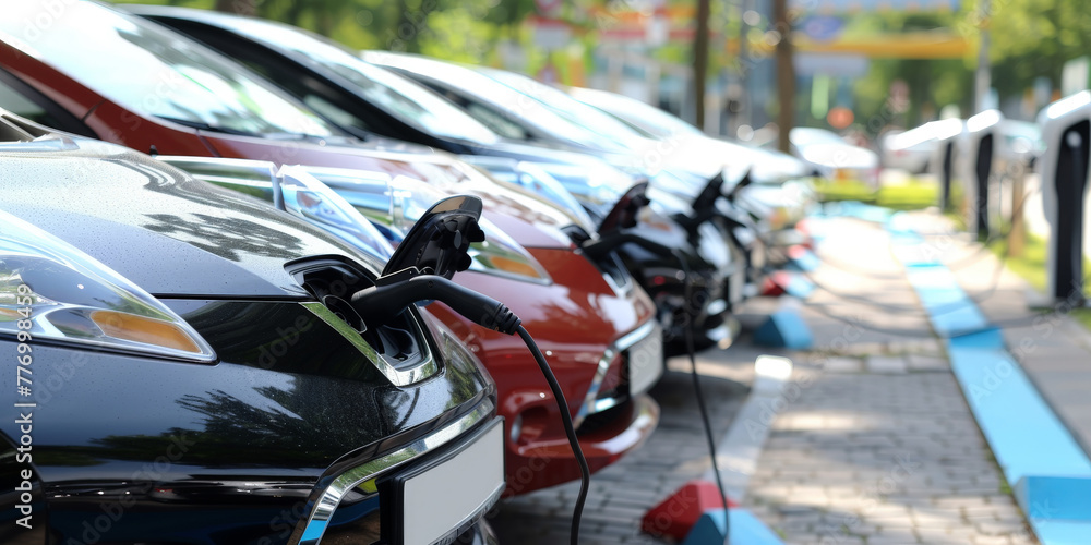 Fototapeta premium E - mobility, Electric vehicle charging, Electric car charging station, e-car charge point or electric vehicle supply equipment (EVSE) with information sign electric car public charging point station.