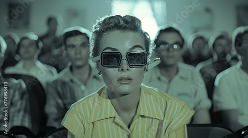 vintage people watching movie in the cinema wearing 3d black lens glasses