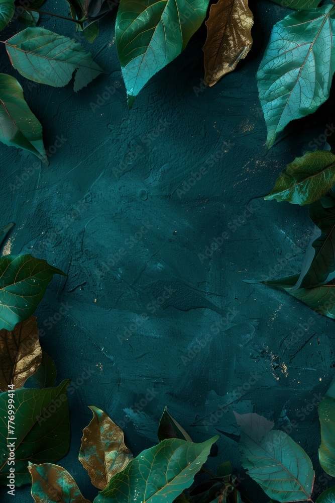 Golden-Veined Emerald Leaves on Turquoise