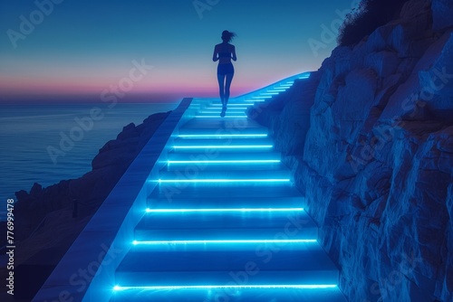A woman leisurely climbs azure stairs illuminated by electric blue lights, reminiscent of the skys horizon landscape, evoking a sense of travel