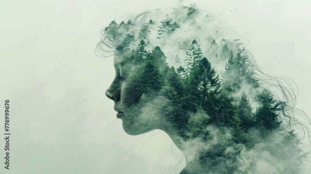 Double exposure of woman with green pine forest background, mother earth concept Double exposure of woman with green pine forest background, mother earth concept
