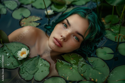 young attractive woman with green hair and eyes lies in a pond with lilies, fantasy character, mythical creature, mermaid, siren, Mavka from folklore
fairy tales photo
