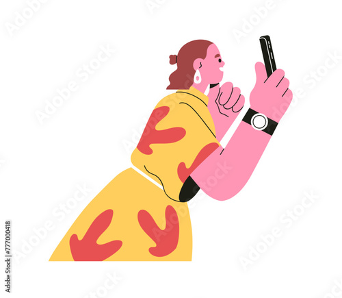 Woman holding smartphone, taking photo, picture. Happy girl with mobile smart...