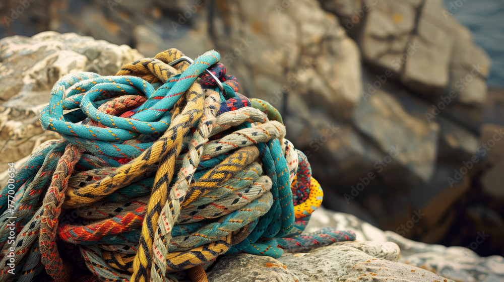 Interwoven climbing ropes on seaside rocks, a testament to adventure and ocean exploration