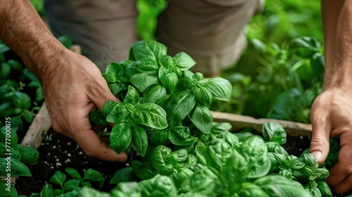 close up photo of male farmer picking basil stems from a wooden container