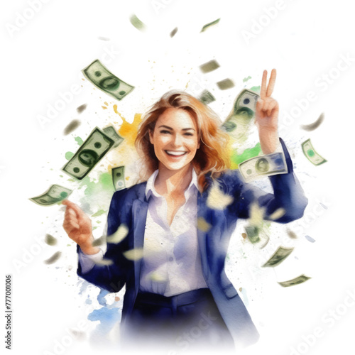 Happy and successful woman celebrating watercolor painting. Wealthy and empowered female smiling ink illustration.