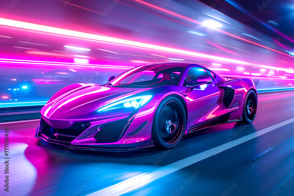 Futuristic sports electric car in neon lights