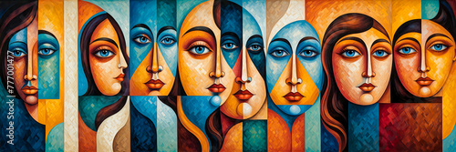Figurative Art in a Cubist Painting: A Group of People with Symmetrical Facial Features and Different Colored Faces
