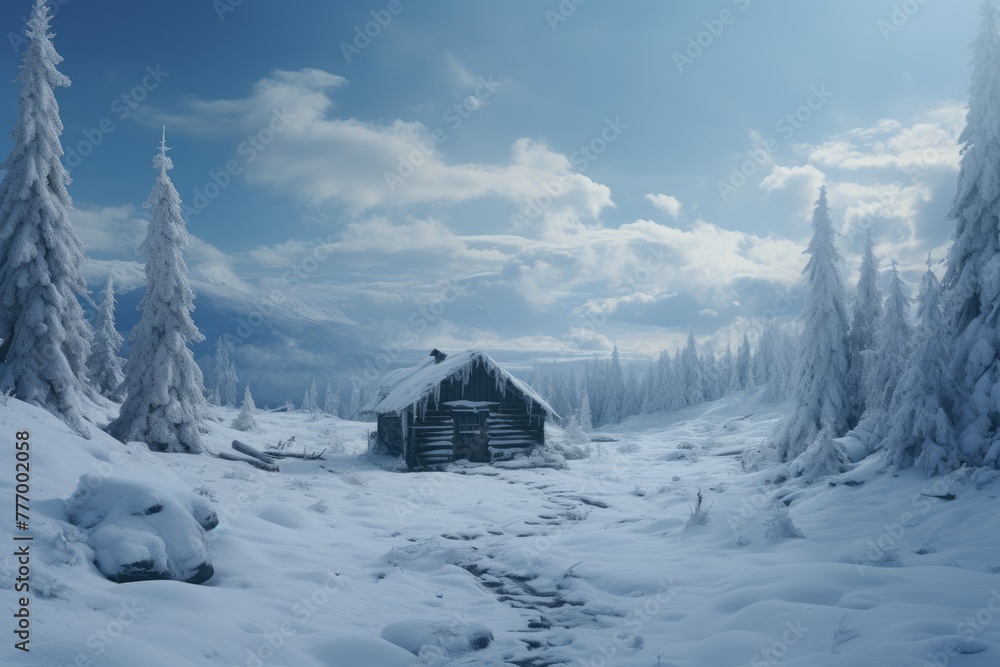 A snowy landscape background  with a solitary cabin, wooden cabin in snow covered mountain meadow s , AI generate