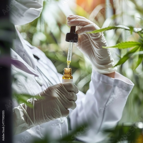 Doctor holding CBD hemp oil in science lab, focused, clear lighting photo