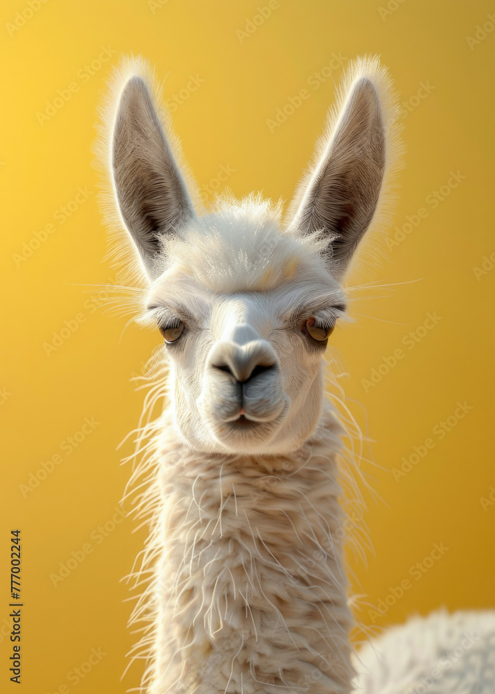 Fototapeta premium Front view of headshot of cute llama having white fur, isolated yellow background