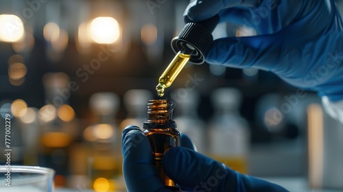Gloved hand with dropper, CBD oil drop, stark laboratory setting photo