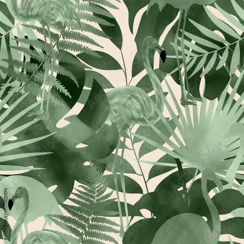 Abstract Digital Painting Watercolor Tropical Leaves and Flamingos Jungle Concept Seamless Textile Pattern Isolated Background