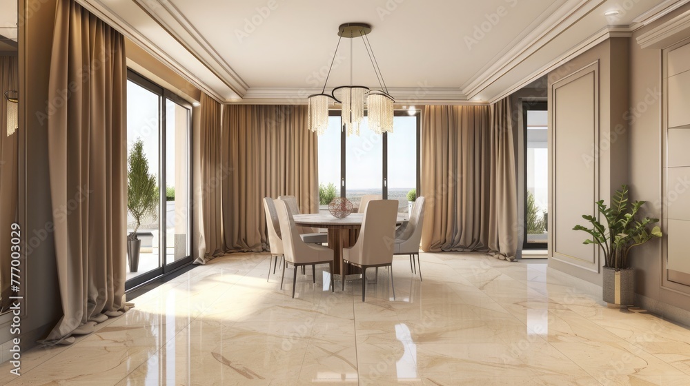 Fototapeta premium Elegant contemporary dining area in a luxury home with large windows, inviting natural light and tasteful decorations.