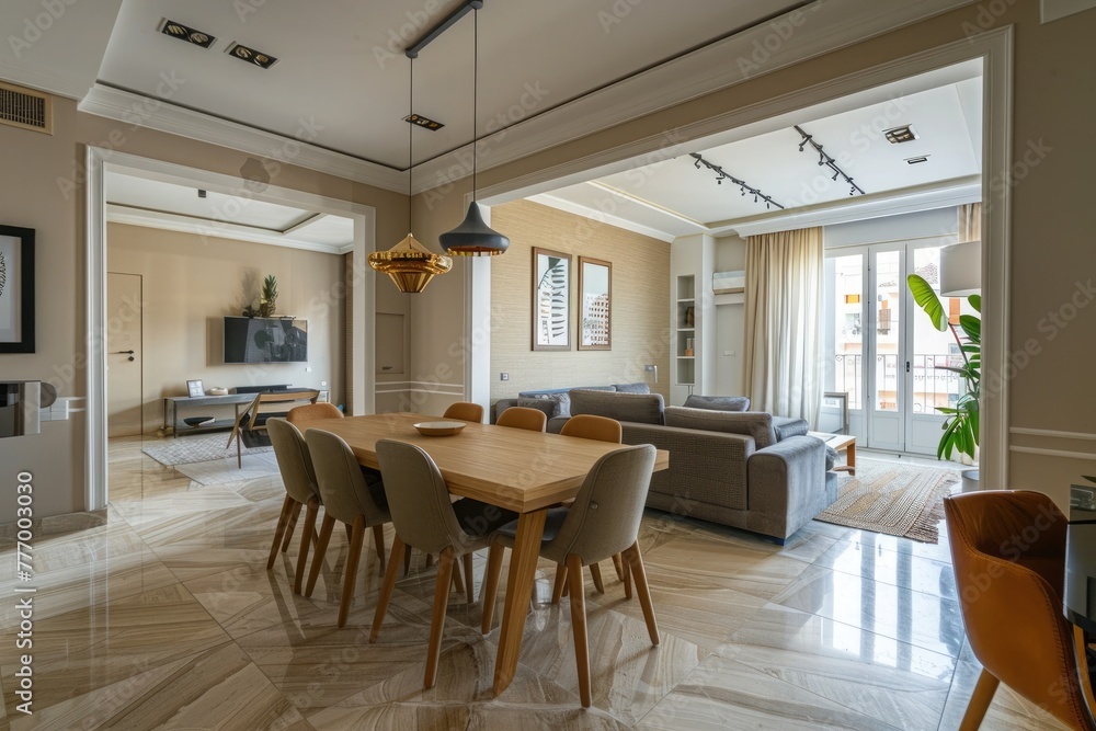 Elegant contemporary dining area in a luxury home with large windows, inviting natural light and tasteful decorations.