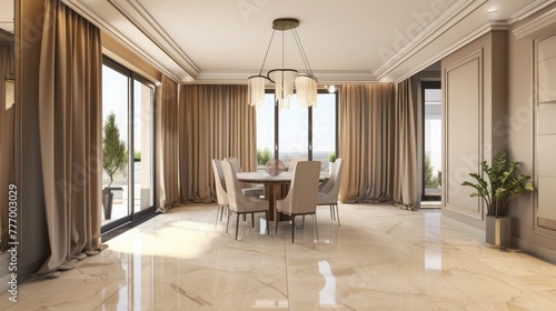 Elegant contemporary dining area in a luxury home with large windows, inviting natural light and tasteful decorations.