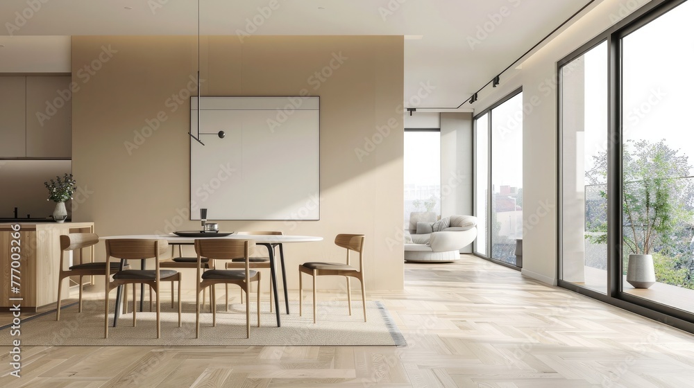 Fototapeta premium Elegant contemporary dining area in a luxury home with large windows, inviting natural light and tasteful decorations.
