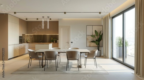 Elegant contemporary dining area in a luxury home with large windows, inviting natural light and tasteful decorations.