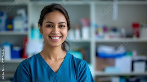 Attractive young Indian nurse wearing blue scrubs, smiling and standing in front of medical equipment on shelves behind her with colors and stationery in a bright light office space.