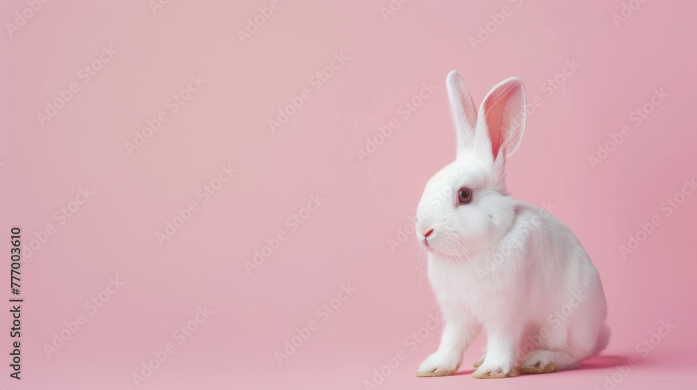Obraz premium A pristine white bunny with delicate pink ears posed on a gentle pink background, radiating softness and purity in a serene setting.