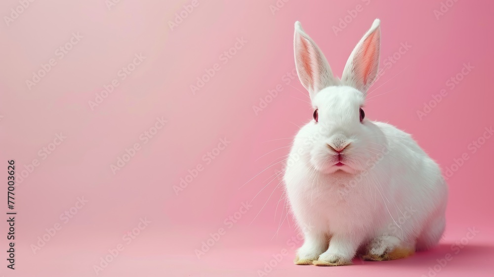 A charming studio portrait features an adorable white rabbit seated against a gentle pink background, evoking a sense of simplicity and charm perfect for spring themes.