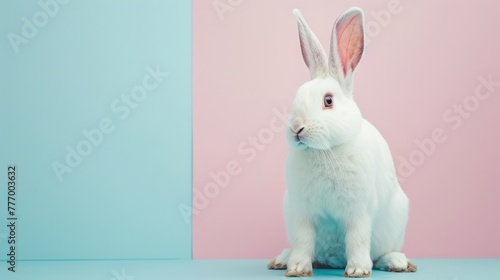 Ideal for Easter or pet enthusiasts, a white rabbit with perky ears strikes a pose against a backdrop of soft pastel blues and pinks. photo