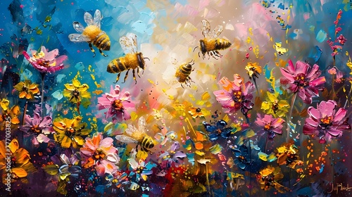 Industrious Honeybees Thriving in a Vibrant Flower Meadow: A Naive Art Painting Showcase © kiatipol