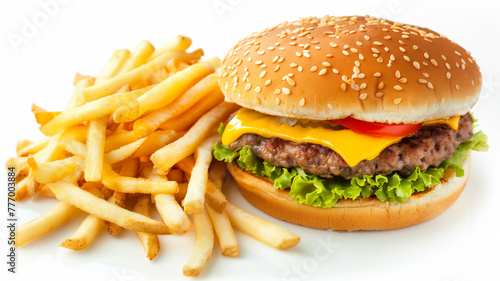 Hamburger with French fries laid out on a white background.