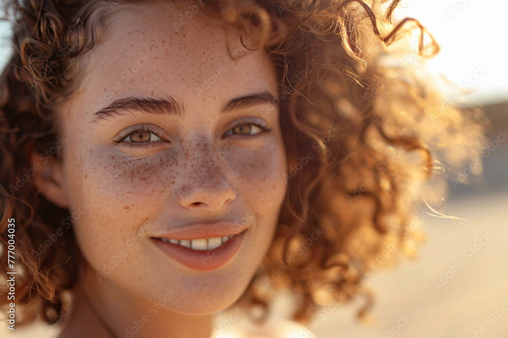 Fototapeta premium portrait of a beautiful young woman with curly hair smiling and looking at the camera on the beach, close up, sunlight, sun rays, skin texture, sunburnt, freckles, summer