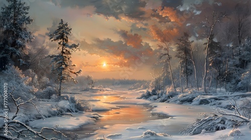 Radiant Winter Dawn: A Breathtaking Sunrise over a Frosty Landscape © kiatipol