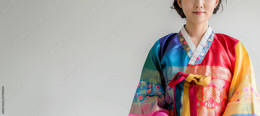 Woman with hands together in traditional dress, holiday concept, white Woman with hands together in traditional dress, holiday concept, white