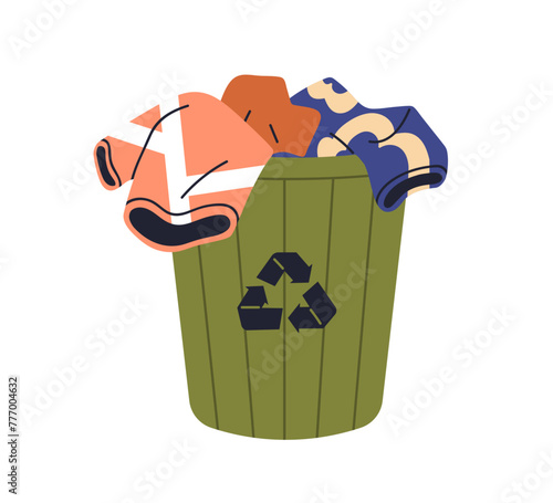 Recycled clothes in waste bin. Eco-friendly reusable textile in container. Used apparel donation, recyclable garments, items for reusing. Flat vector illustration isolated on white background