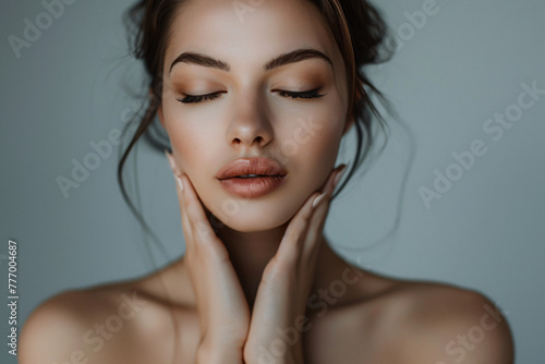 Young woman with closed eyes touching her neck, isolated on a grey background. Beauty and skin care concept. Portrait of a beautiful young model in the style of a luxury spa salon