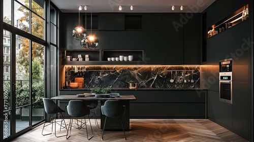 Dark modern kitchen with large window, black cabinets and walls, wood herringbone flooring. Generative AI. photo