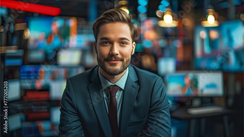 Photo of a handsome young news anchor from a famous TV channel. Live broadcast on television. who is confident, looks good and dignified, wears a suit in the studio photo
