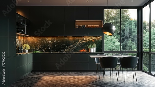 Dark modern kitchen with large window, black cabinets and walls, wood herringbone flooring. Generative AI.