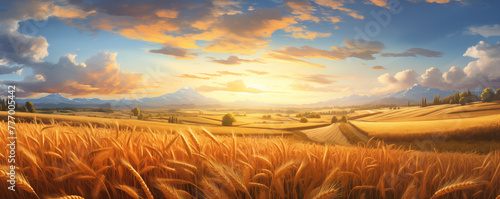 Wheat field on a sunny summer day, beautiful rural panoramic landscape, cereal agriculture background, illustration generative ai 