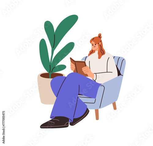 Girl reader sitting in armchair with book. Happy woman student relaxing, resting with fiction literature, novel in hands at leisure time. Flat vector illustration isolated on white background