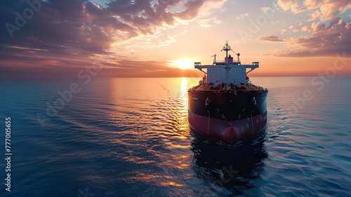 Oil tanker front view in calm sea on sunset background. Rising oil prices. Transportation of oil