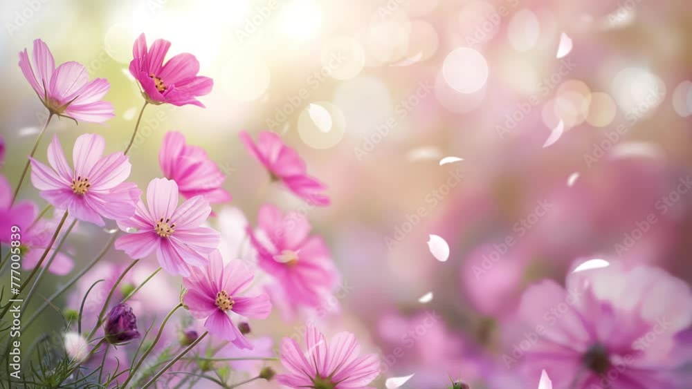 pink cosmos flowers with sparkling light and spring animation background. Video seamless looping 4k pink cosmos flowers with sparkling light and spring animation background. Video seamless looping 4k
