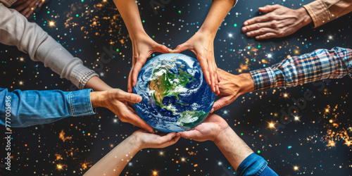 Fototapeta Naklejka Na Ścianę i Meble -  many hands holding Planet Earth Globe, Saving the planet concept	
