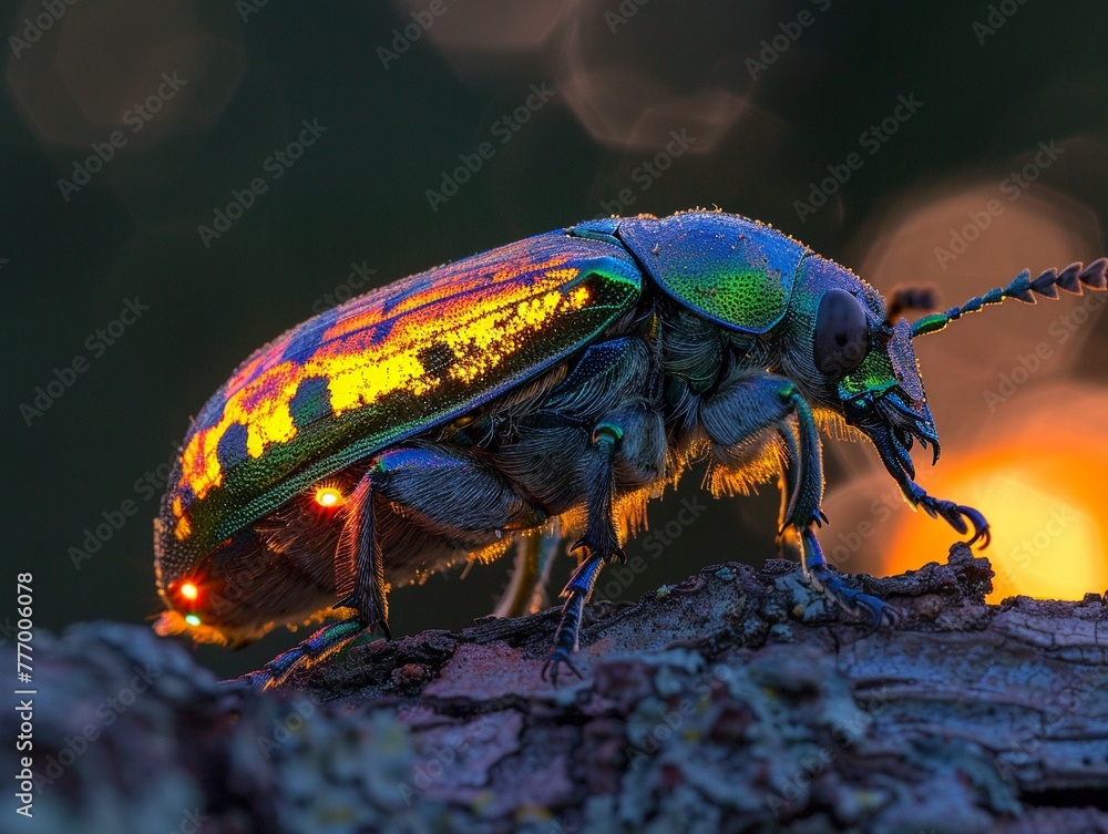 Naklejka premium Firefly iridescent, vibrant, luminescent, glowing with an otherworldly light in the twilight