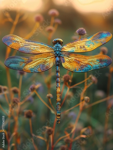 Dragonfly iridescent, vibrant, luminescent, reflecting light and color with its gossamer wings
