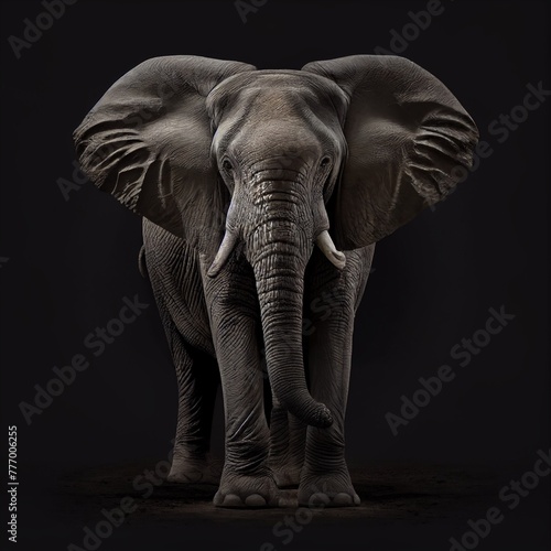 Powerful elephant with raised trunk  isolated on a dark and solid backdrop.