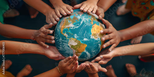 many hands holding Planet Earth Globe, Saving the planet concept 