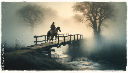 Misty Morning Crossing with Cowboy on Bridge
