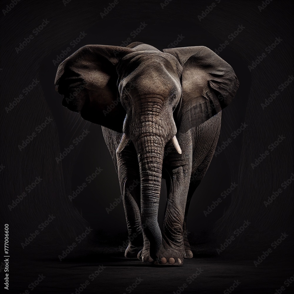 Powerful elephant with raised trunk, isolated on a dark and solid backdrop.
