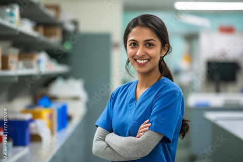 Attractive young Indian nurse wearing blue scrubs, smiling and standing in front of medical equipment on shelves behind her with colors and stationery in a bright light office space.